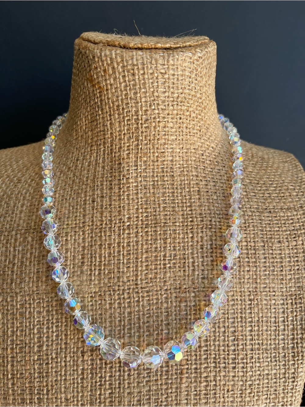 Vintage Aurora Borealis Crystal Bead Necklace - Clear Iridescent